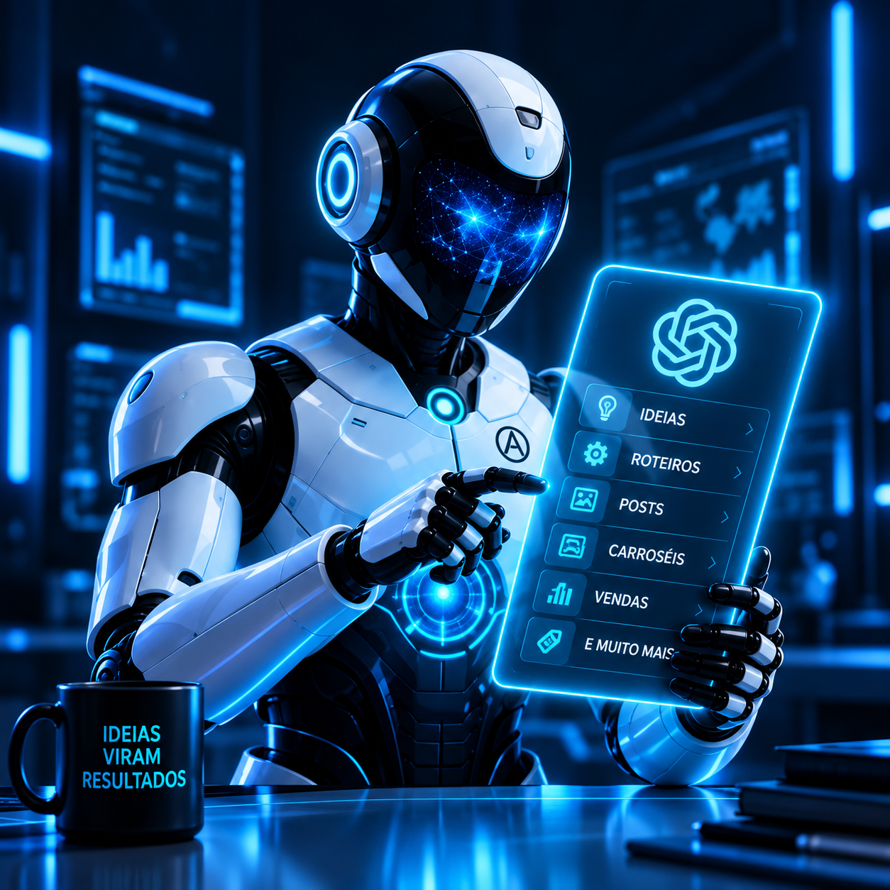 Robô futurista segurando uma interface digital